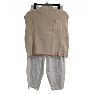 Chic Beige Knit Sleeveless Mock Neck Sweater Top & White Wide Leg Pants Set L
